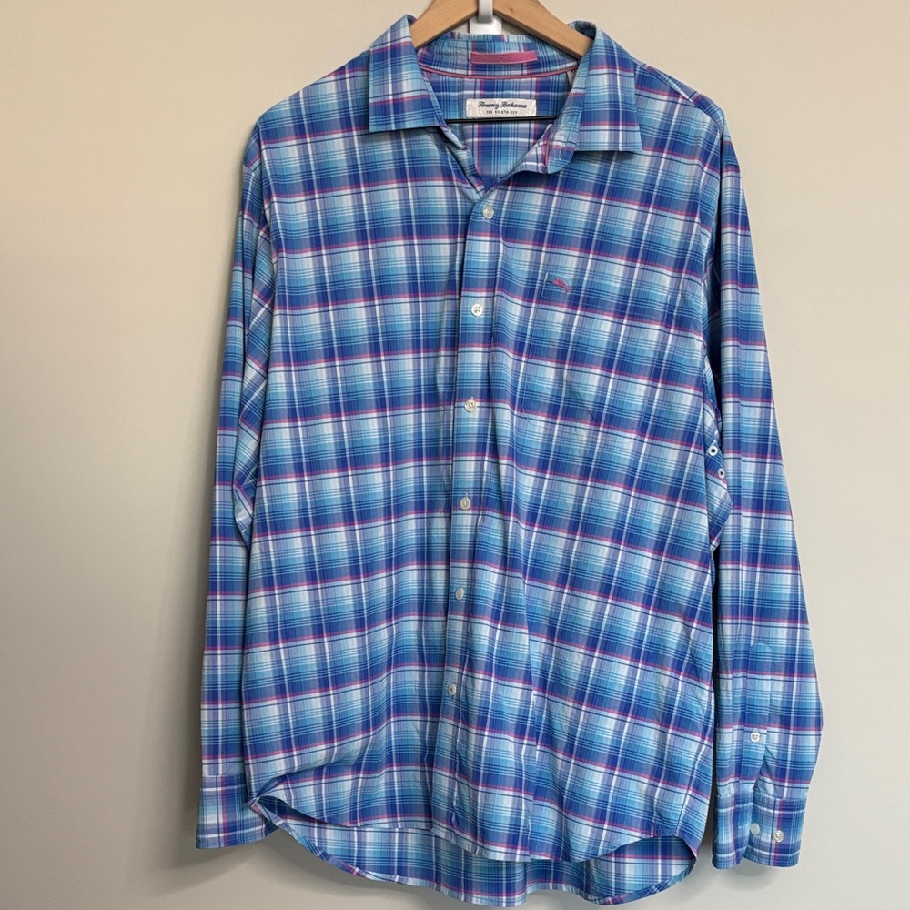 Tommy Bahama Blue and Pink Plaid Long-Sleeve Button Down Fishing Shirt XL